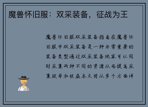 魔兽怀旧服：双采装备，征战为王